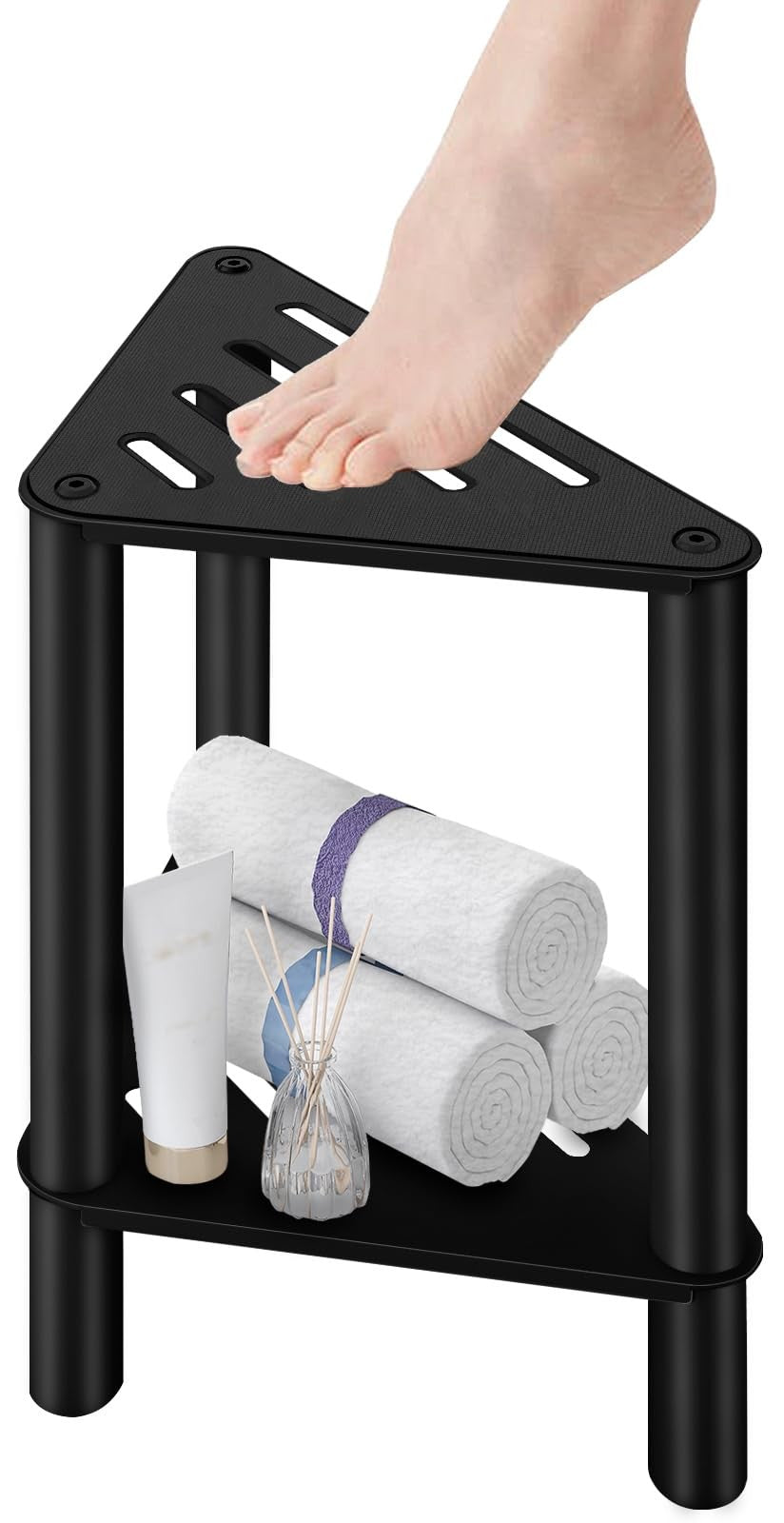 Corner Shower Foot Rest Stool with Storage, Anti-Slip, Black Triangle