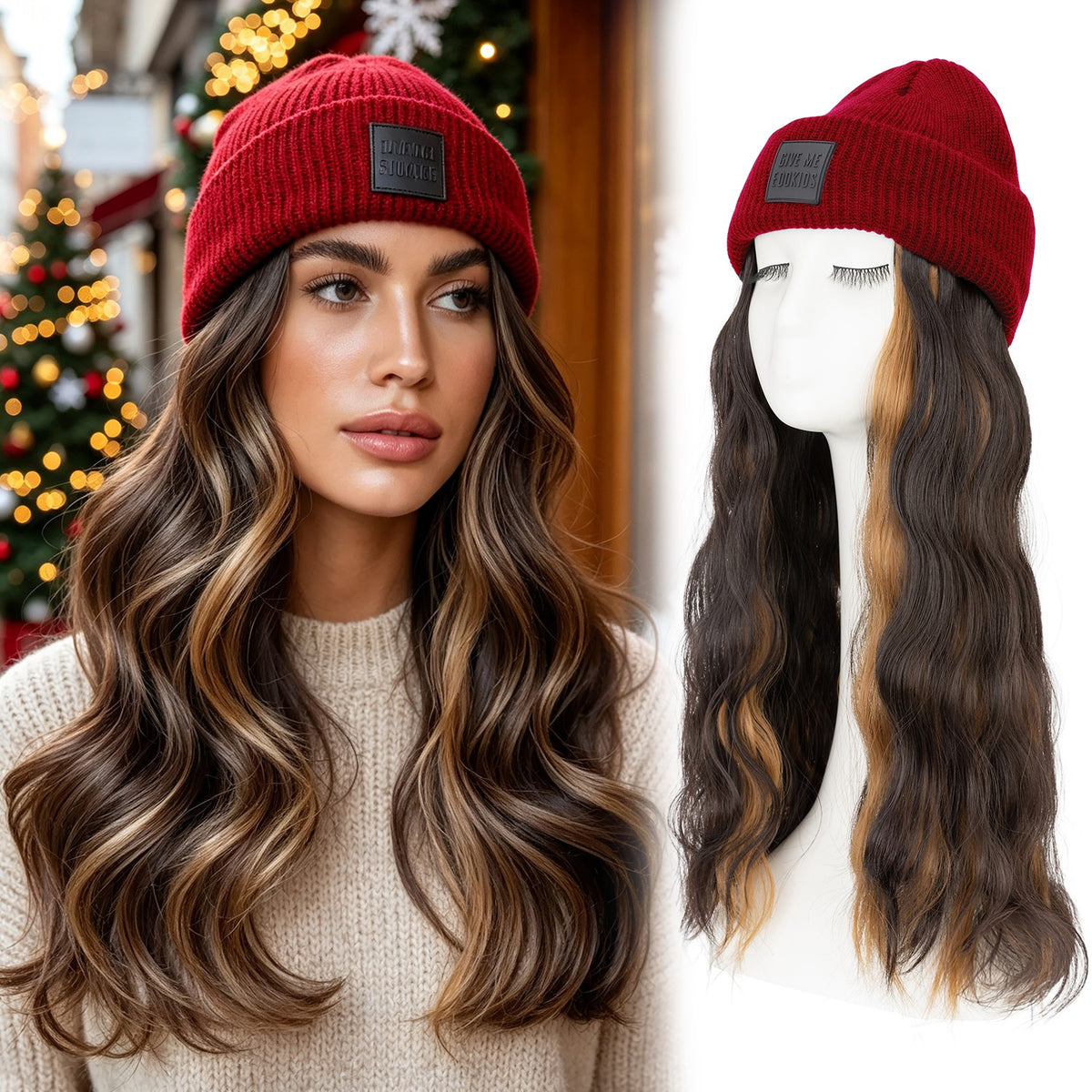 Winter Knit Beanie Wig with Water Wave Hair - Warm and Stylish