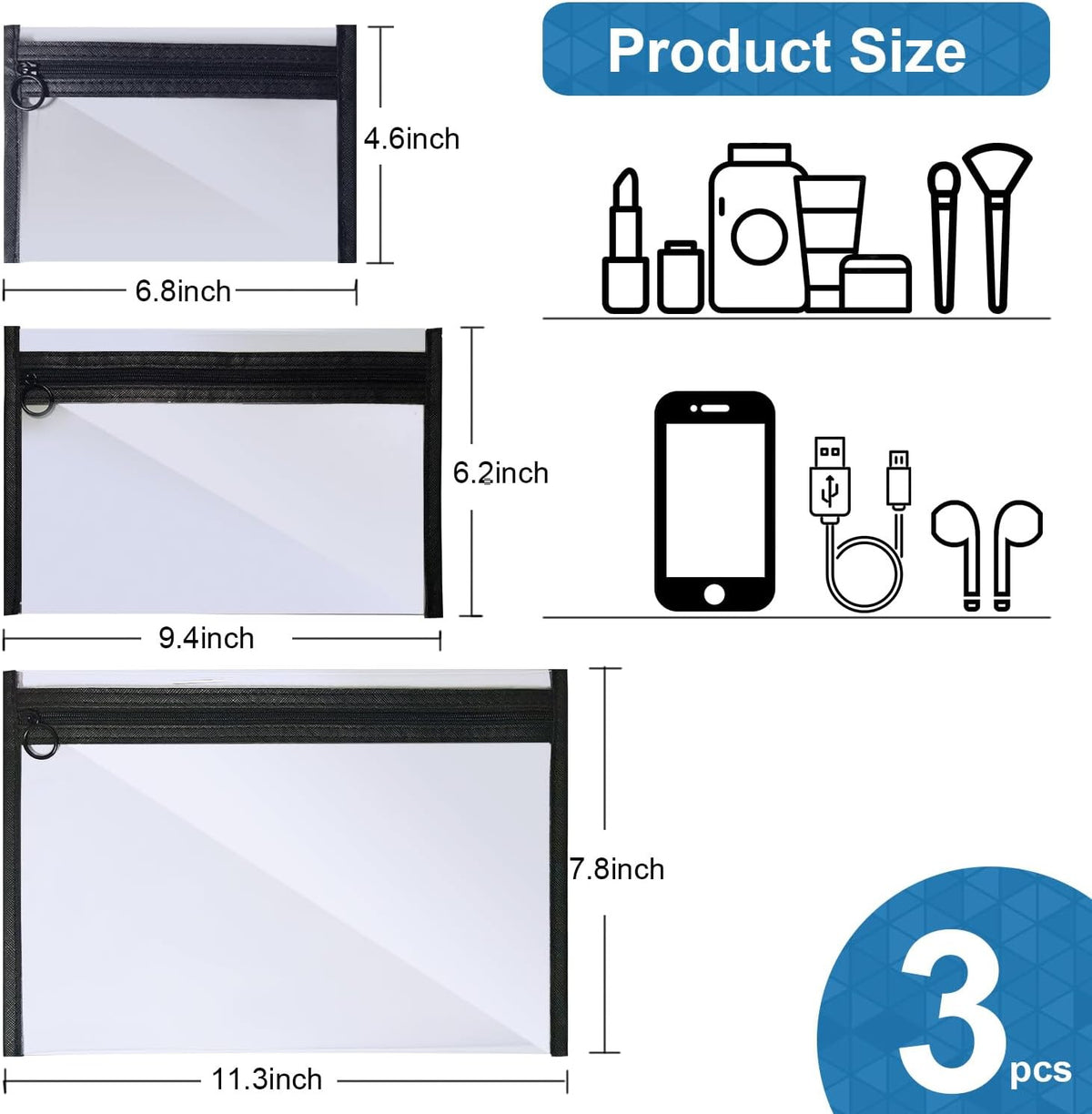 Clear Toiletry Bags Set with Loop Zipper, 3 Sizes PVC Cosmetic Pouches for Travel