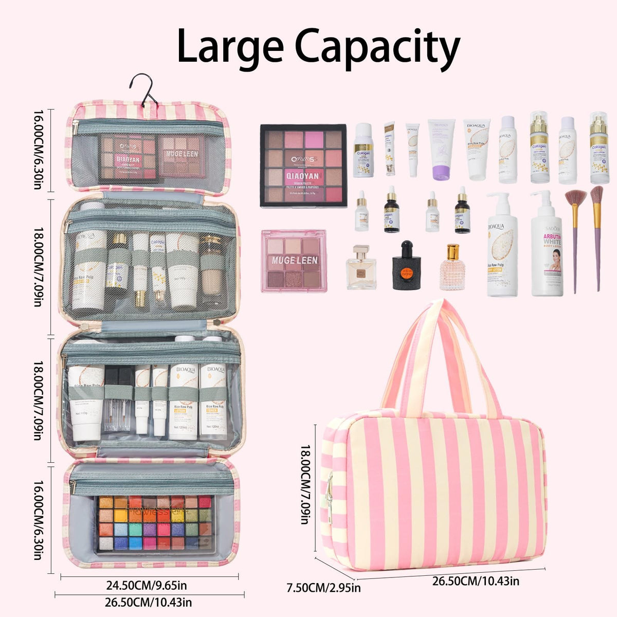 Waterproof Stripe Toiletry Bag for Women – Travel Cosmetic Organizer