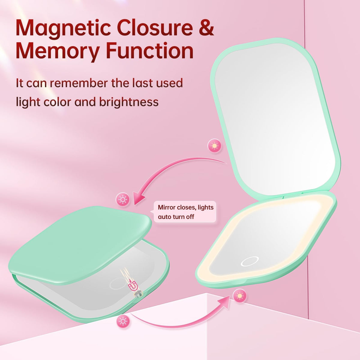 Lighted Compact Travel Mirror with 3 Color Lights 1X/3X Magnification - Green