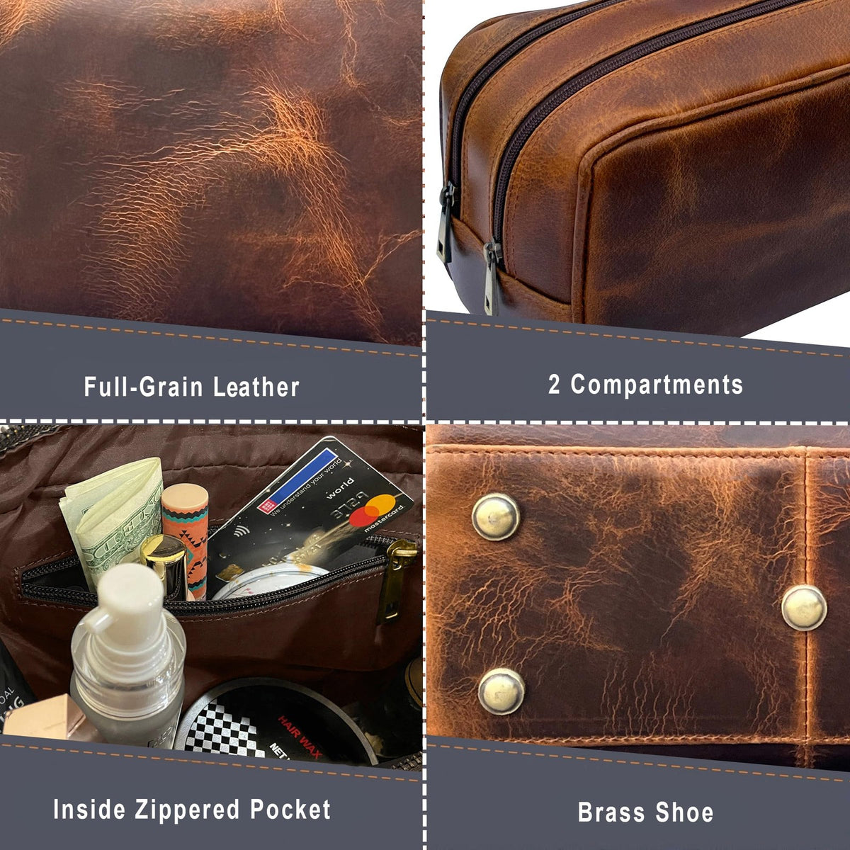 Antique Brown Leather Travel Toiletry Bag for Men and Women - Shaving & Cosmetic Organizer