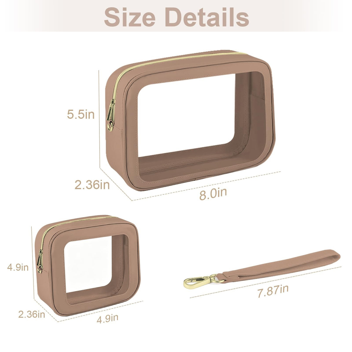 Clear Makeup & Toiletry Bags Set with Handles - Waterproof Khaki 2-Pack