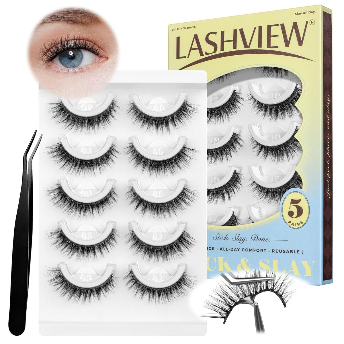 Self Adhesive False Eyelashes Natural Waterproof Reusable 5 Pairs