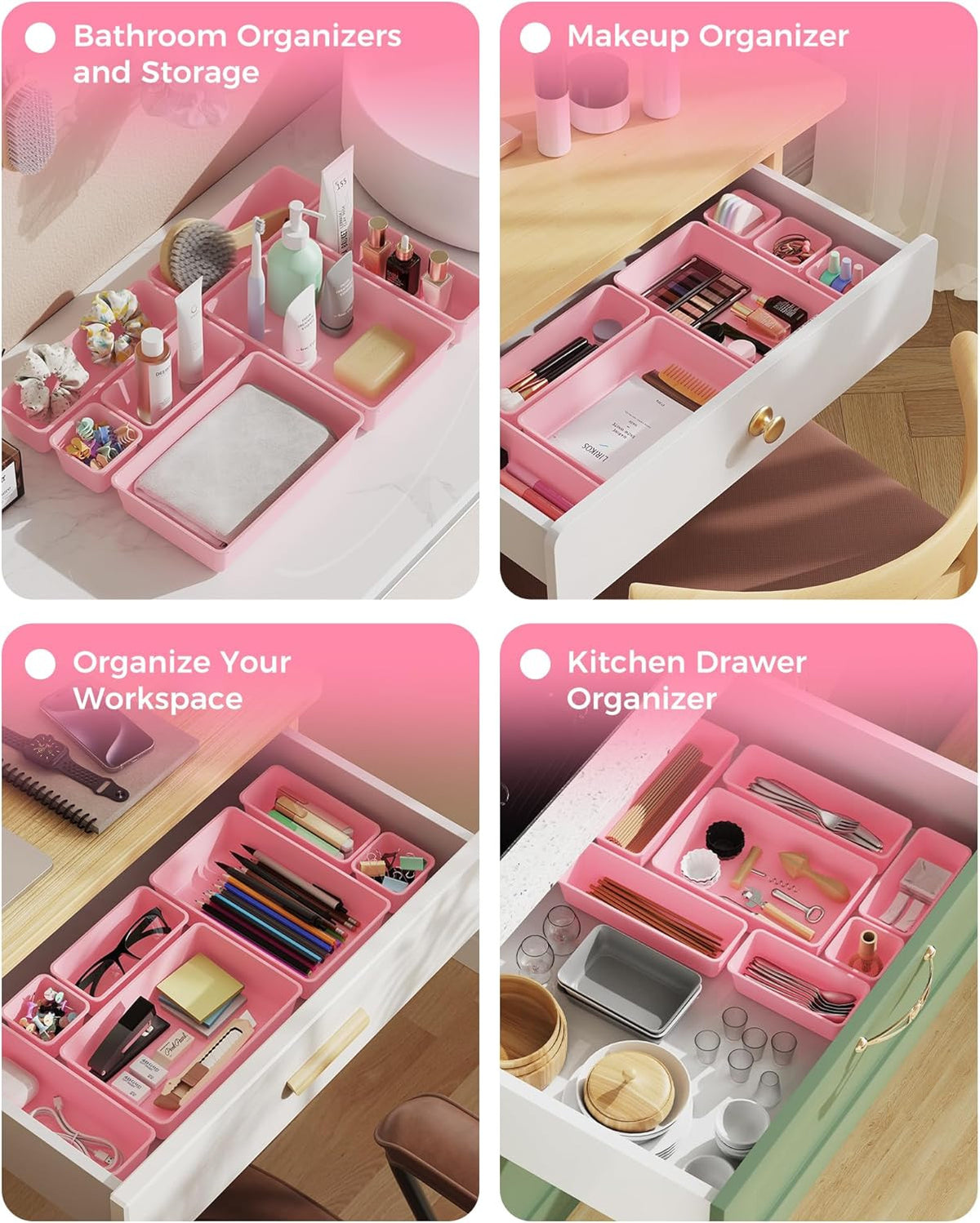 25-Piece Plastic Drawer Organizer Set with 4 Sizes for Vanity, Makeup, Office & Kitchen Storage