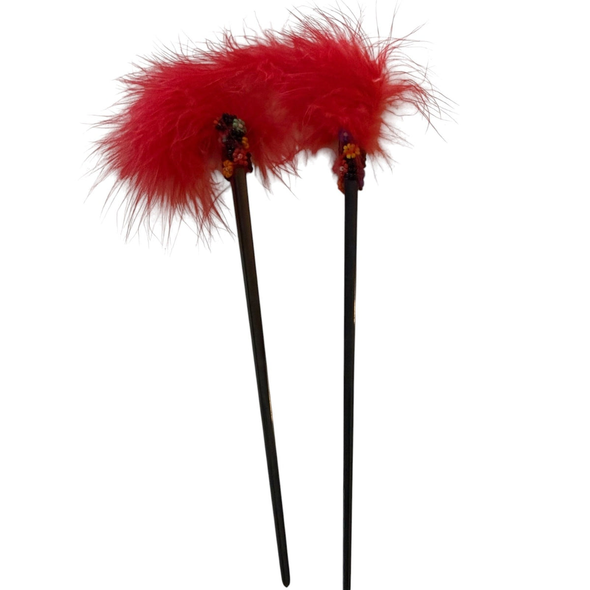 Red/Pink Feather Beaded Black Chopstick Hair Sticks Set