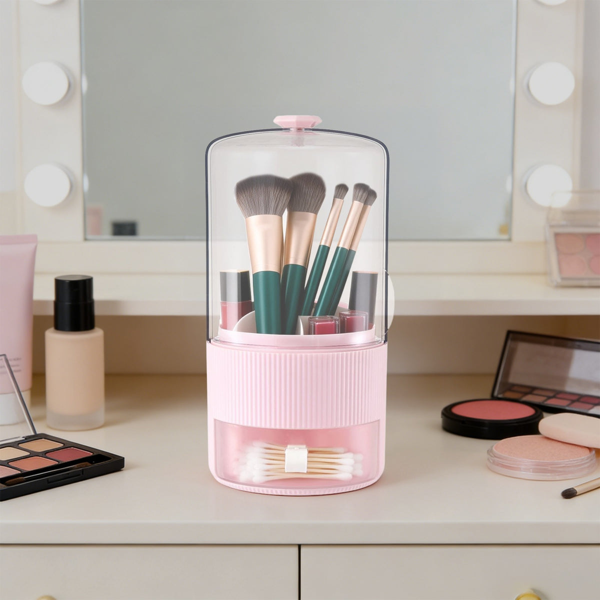 Pink Makeup Brush Organizer with Cover - Cosmetic Brush Storage Box