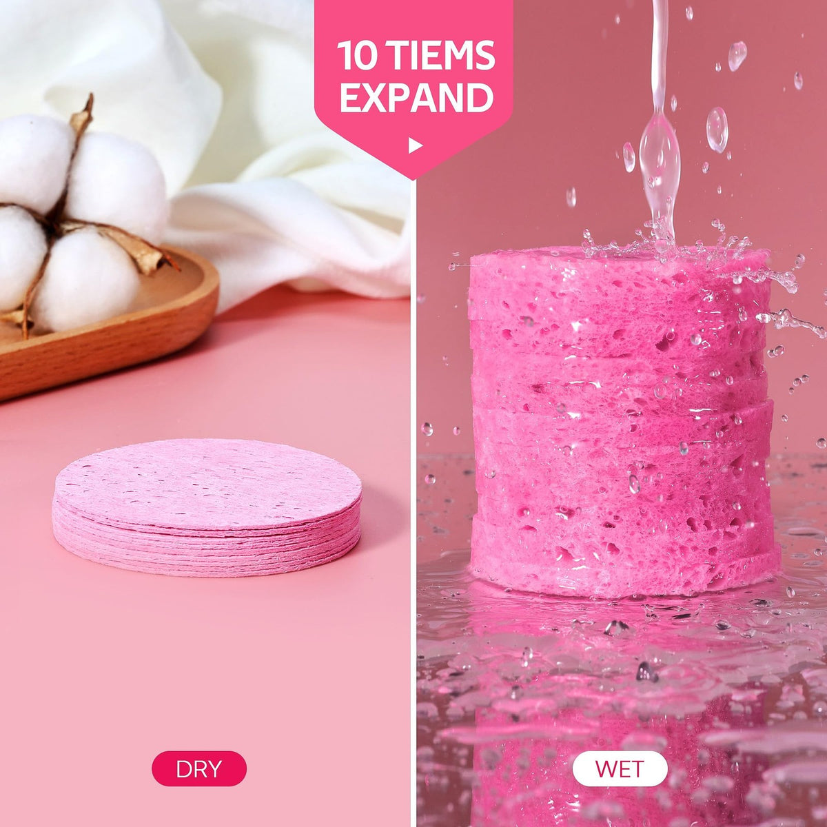 Compressed Facial Sponges - Natural Cellulose, Pink, Pack of 50