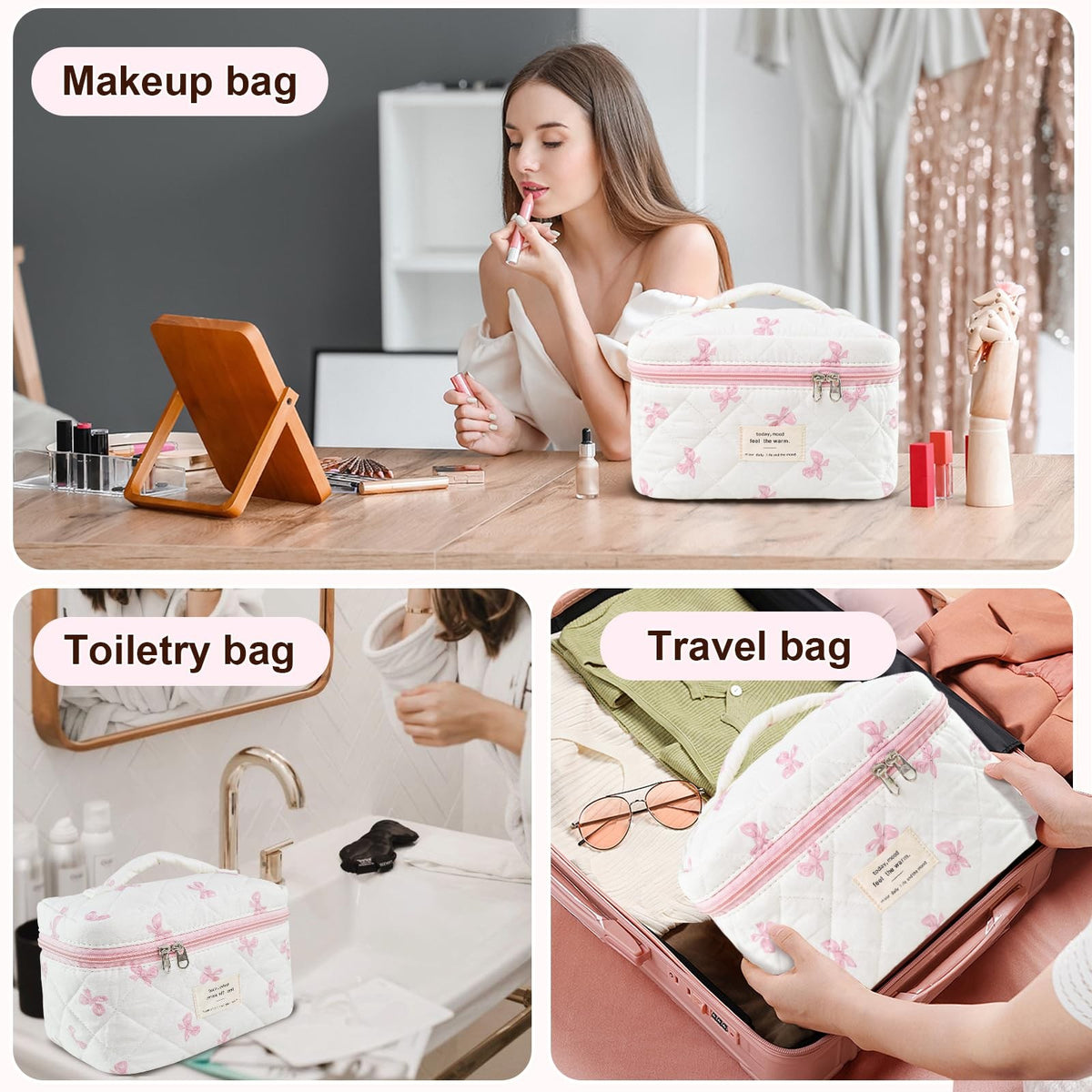 Pink Quilted Makeup Bag with Bow - Large Cosmetic Organizer 9.8x6.3x6.3 Inches