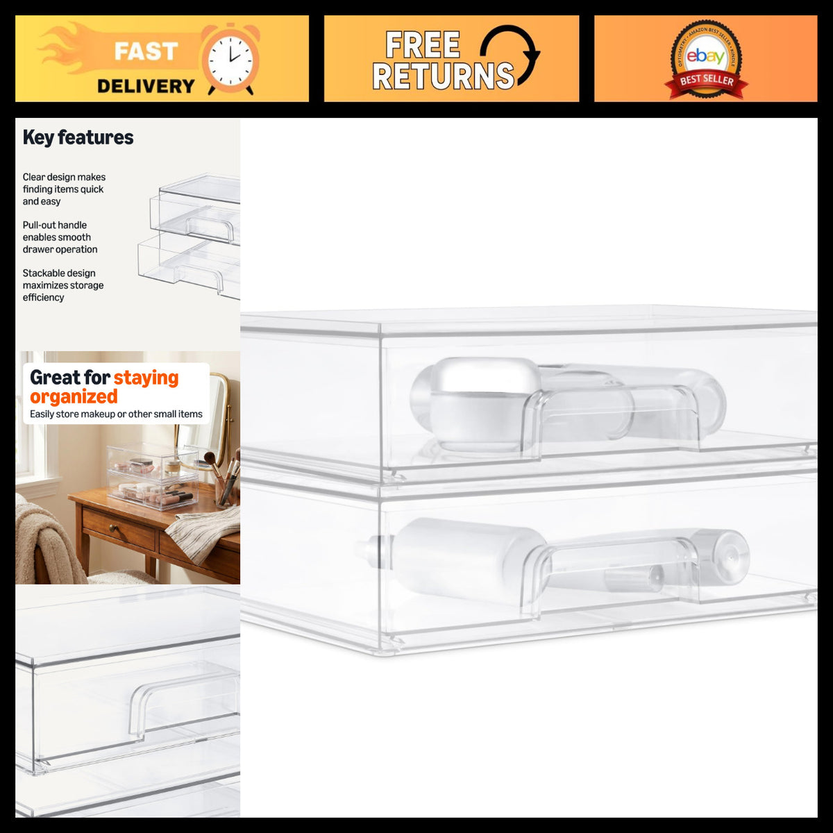 Stackable Clear Plastic Makeup Organizer Drawers - 2 Pack, 12.1 x 7.6 x 3.5 Inches