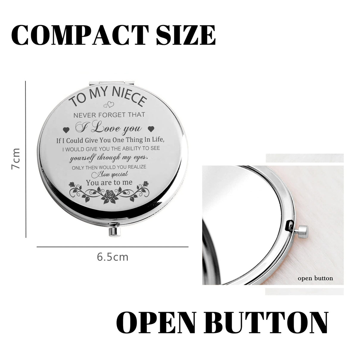 Silver Compact Mirror for Niece from Aunt - Engraved Gift, 2.7 Inch