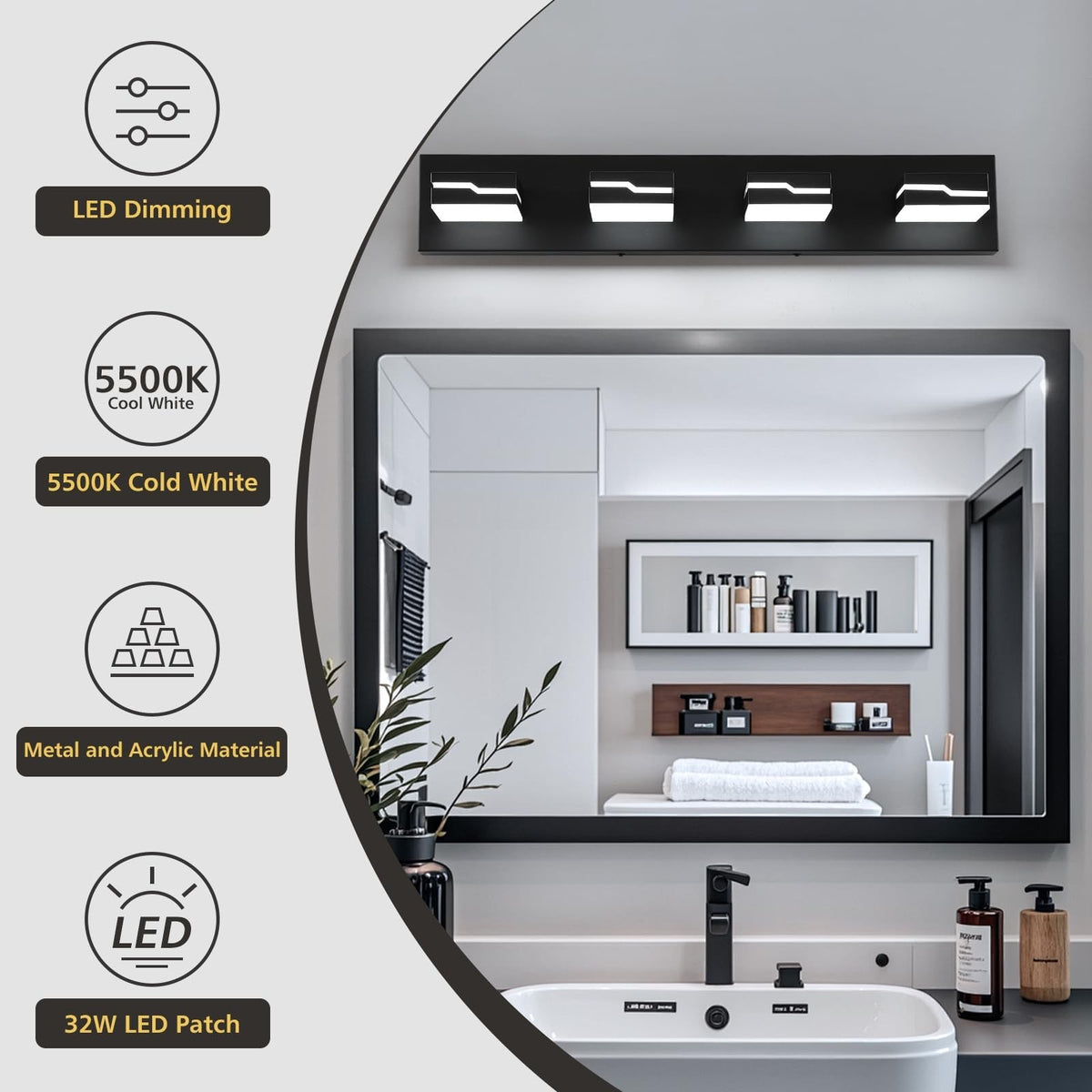 4-Light Dimmable Bathroom Vanity Light Fixture - Black Modern LED Over Mirror