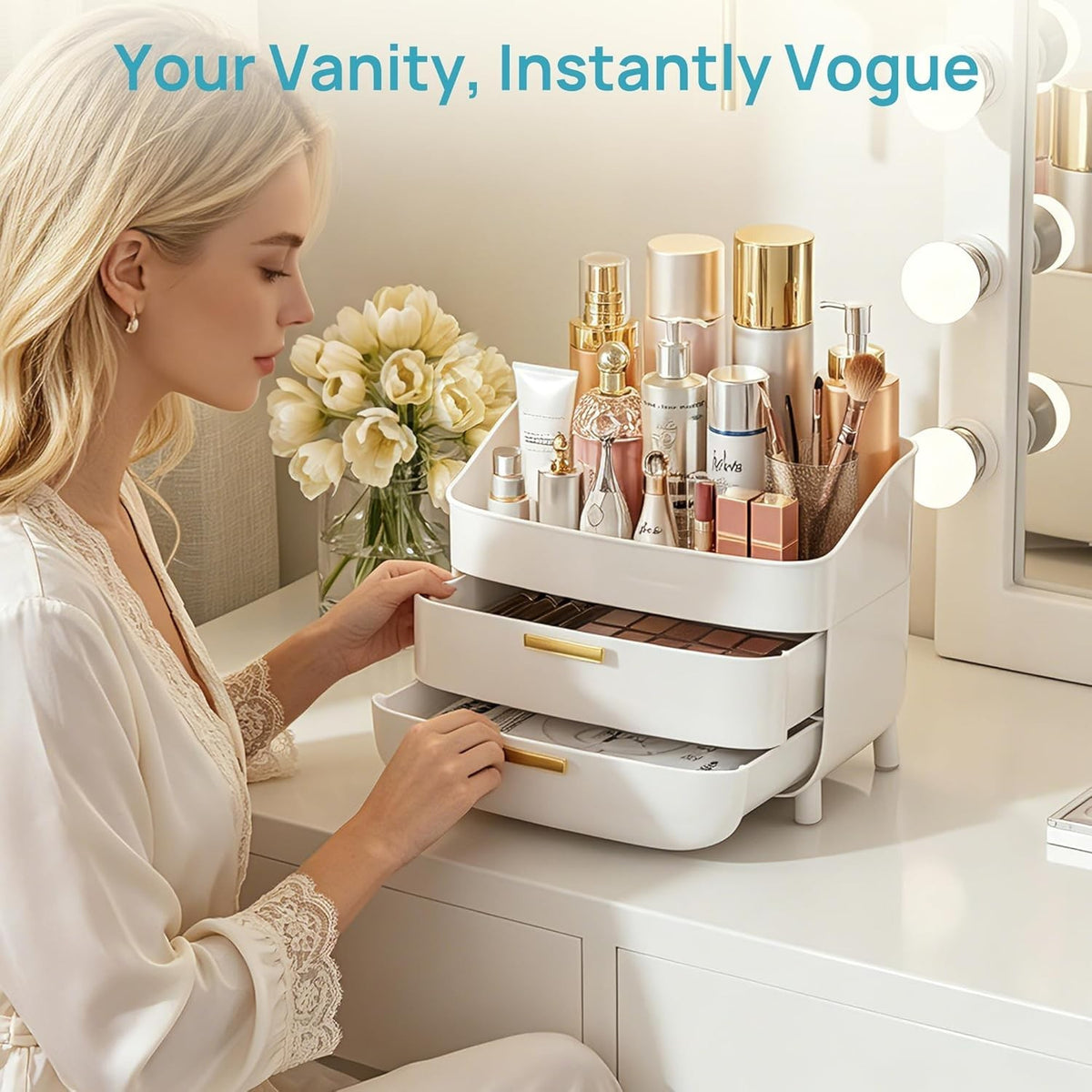 3-Tier Makeup and Skincare Organizer with Drawers for Vanity & Bathroom