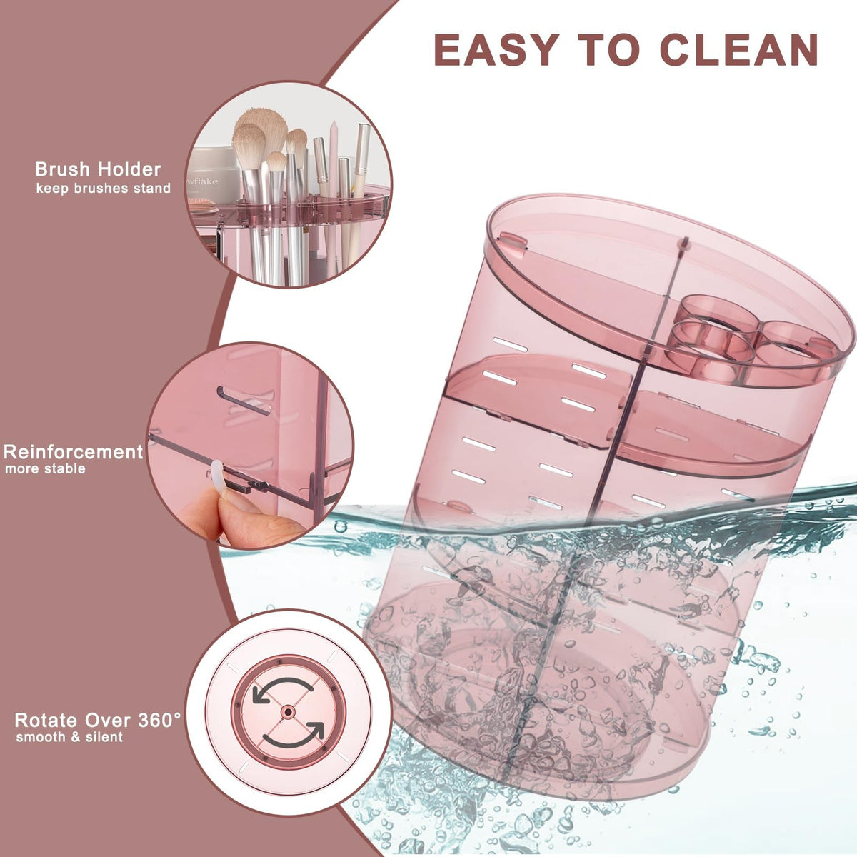 Rotating Makeup Organizer with Adjustable Layers and Silent Spin - Pink