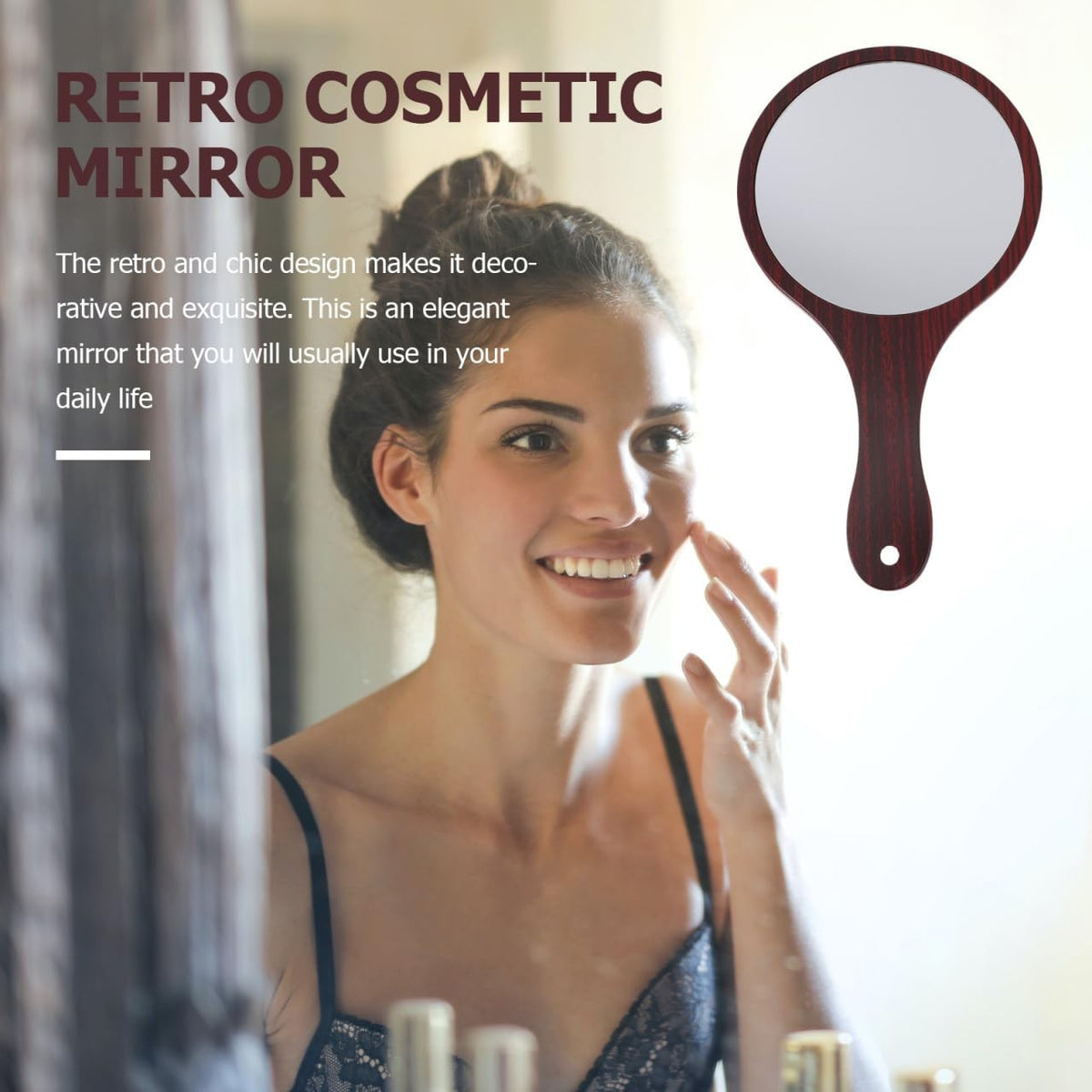Wooden Handle Makeup Mirror - Handheld Round Cosmetic Mirror for Travel & Home