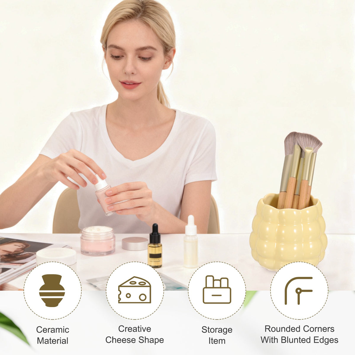 Ceramic Makeup Brush Holder - Round Desktop Pen and Cosmetic Organizer, White
