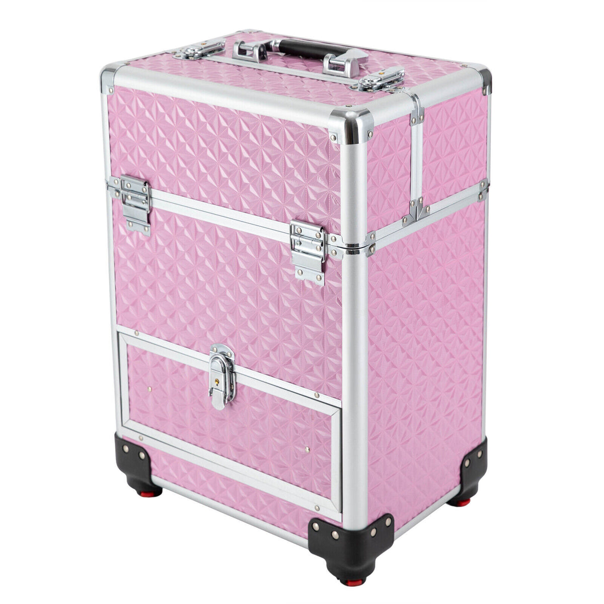 Professional Rolling Makeup Train Case - Aluminum Alloy Cosmetic Trolley with 7 Compartments