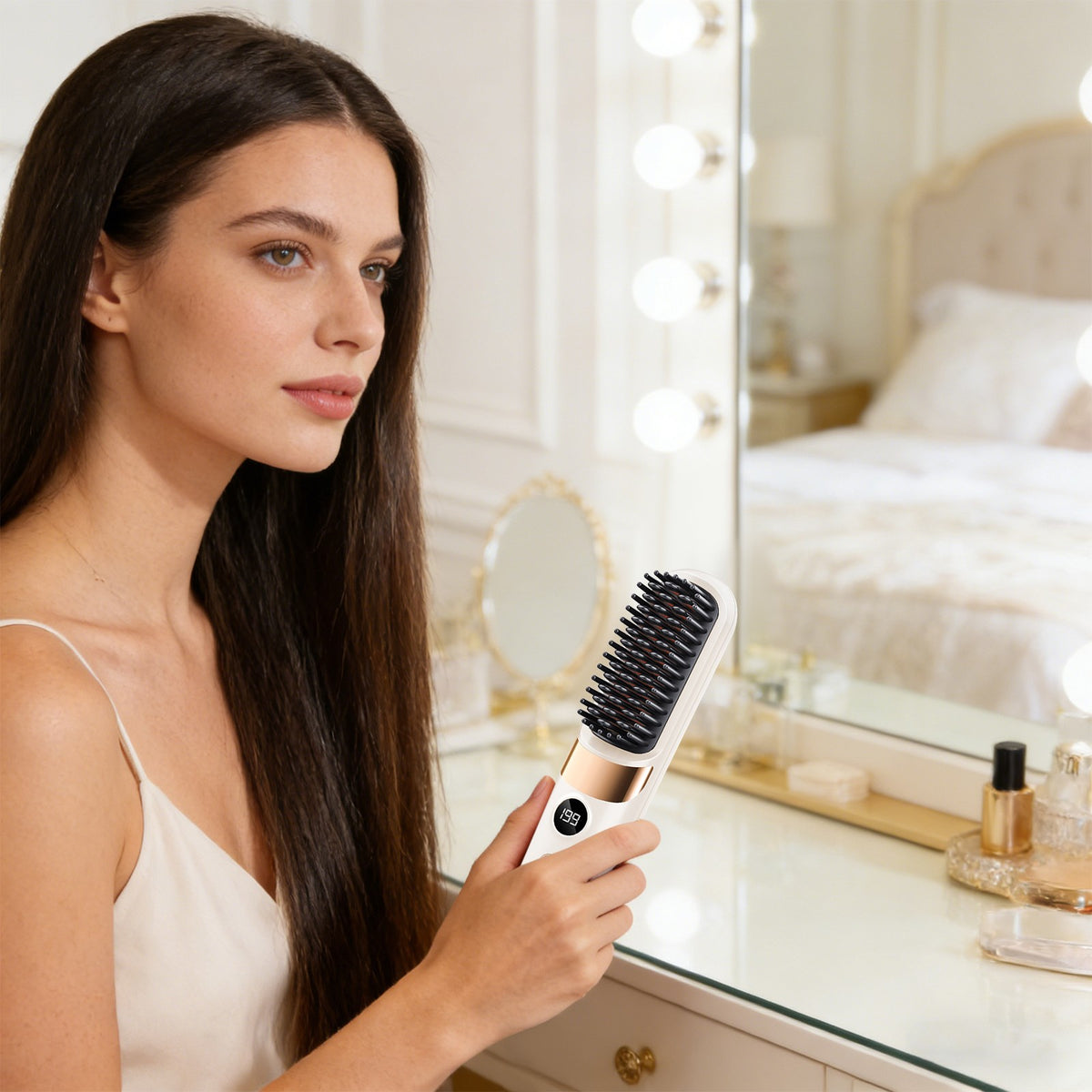 Portable White Ceramic Hair Straightener Brush with Digital Temp Control