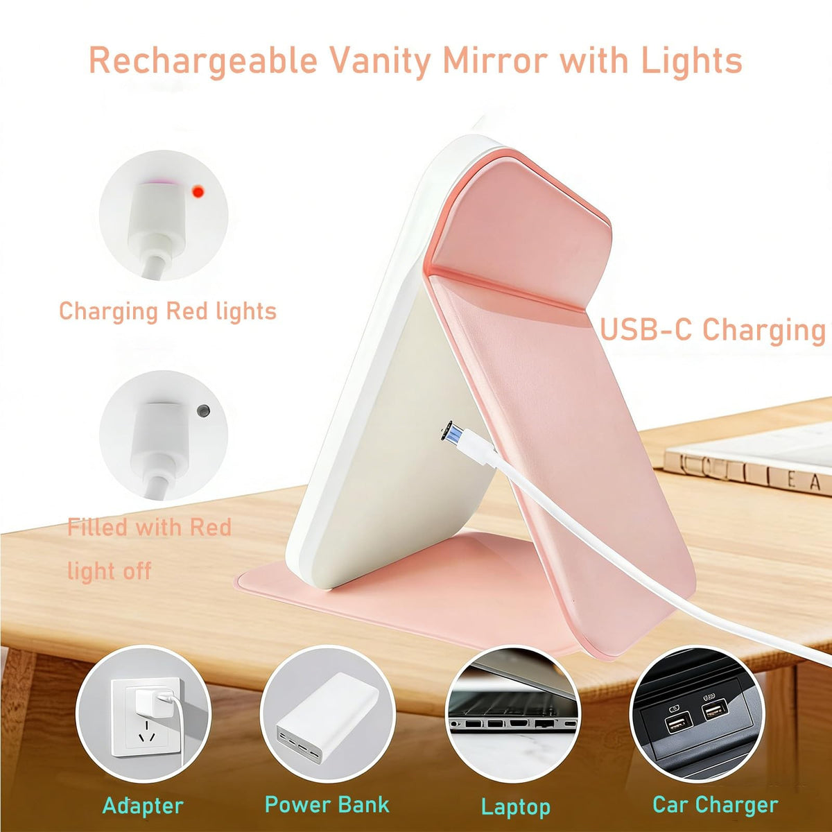 Travel Makeup Mirror with 3 Adjustable Lights, Touch Screen & USB Rechargeable