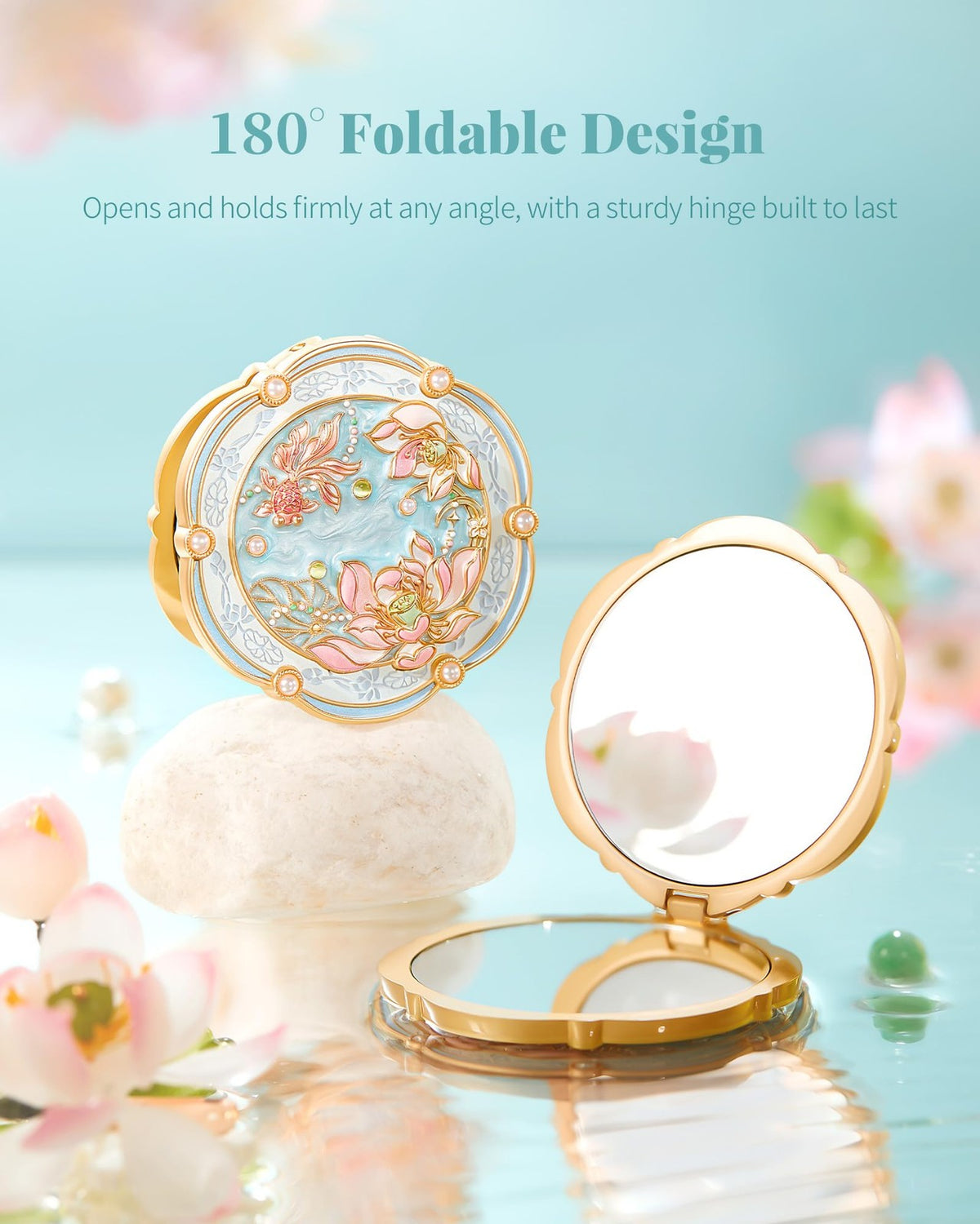 Mini Folding 2X Magnifying Makeup Mirror - Compact Pocket Travel Blue
