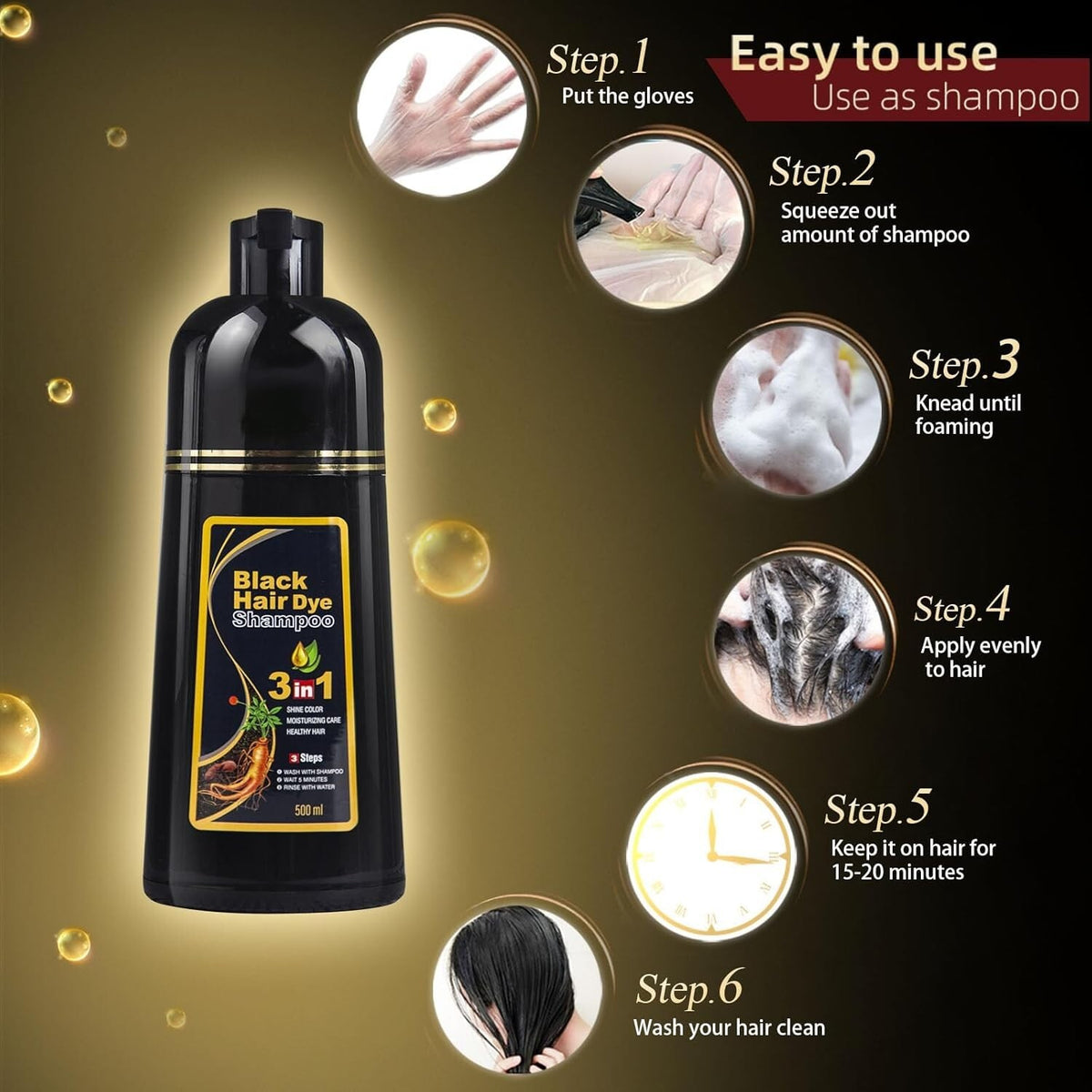 Black Hair Dye Shampoo 3-in-1 for Gray Coverage