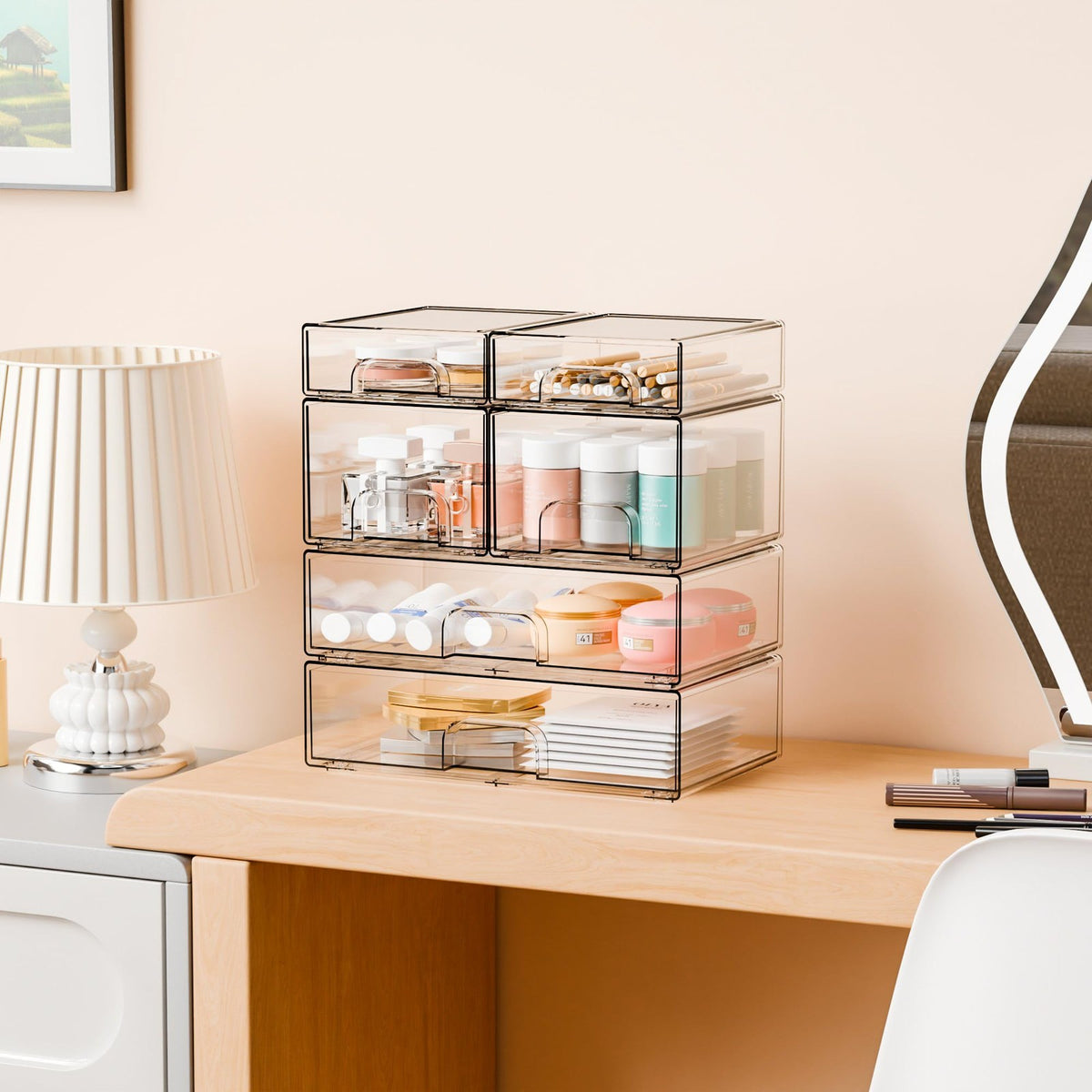 6 Pack Clear Stackable Acrylic Storage Drawers Bathroom Organizer