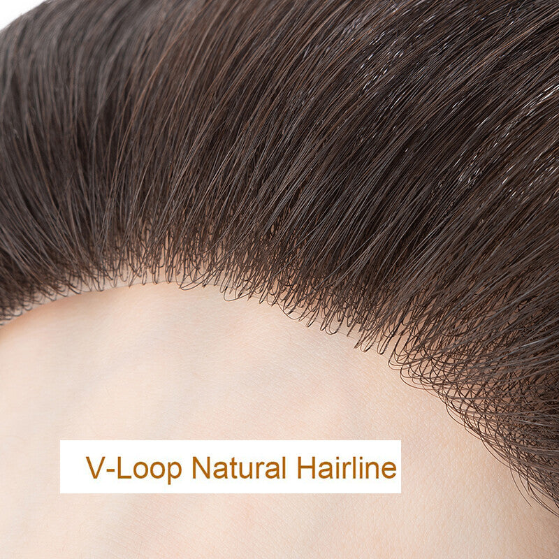 Men's Hairline Toupee Frontal Hairpiece with V-Shape PU Thin Skin Base - Remy Human Hair