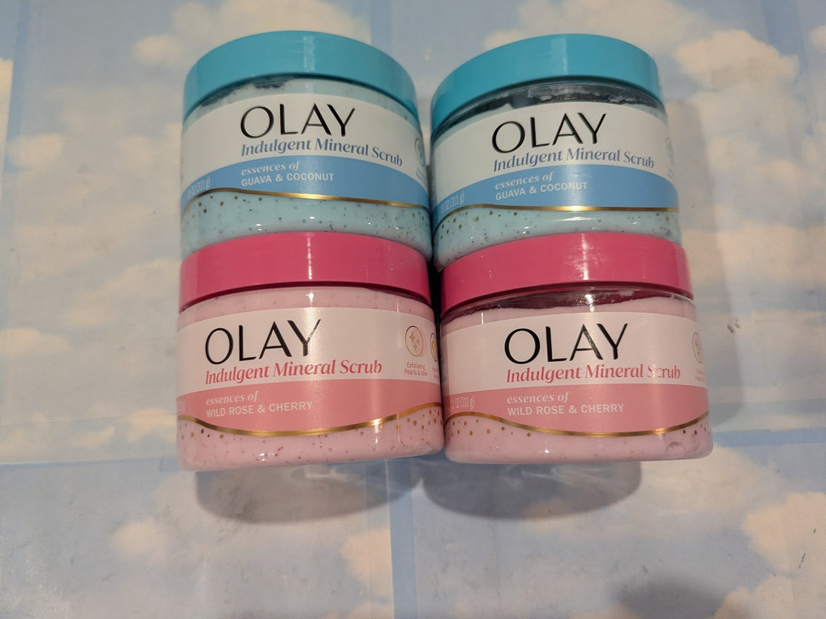 LOT (4) OLAY INDULGENT MINERAL SCRUB GUAVA & COCONUT/WILD ROSE CHERRY