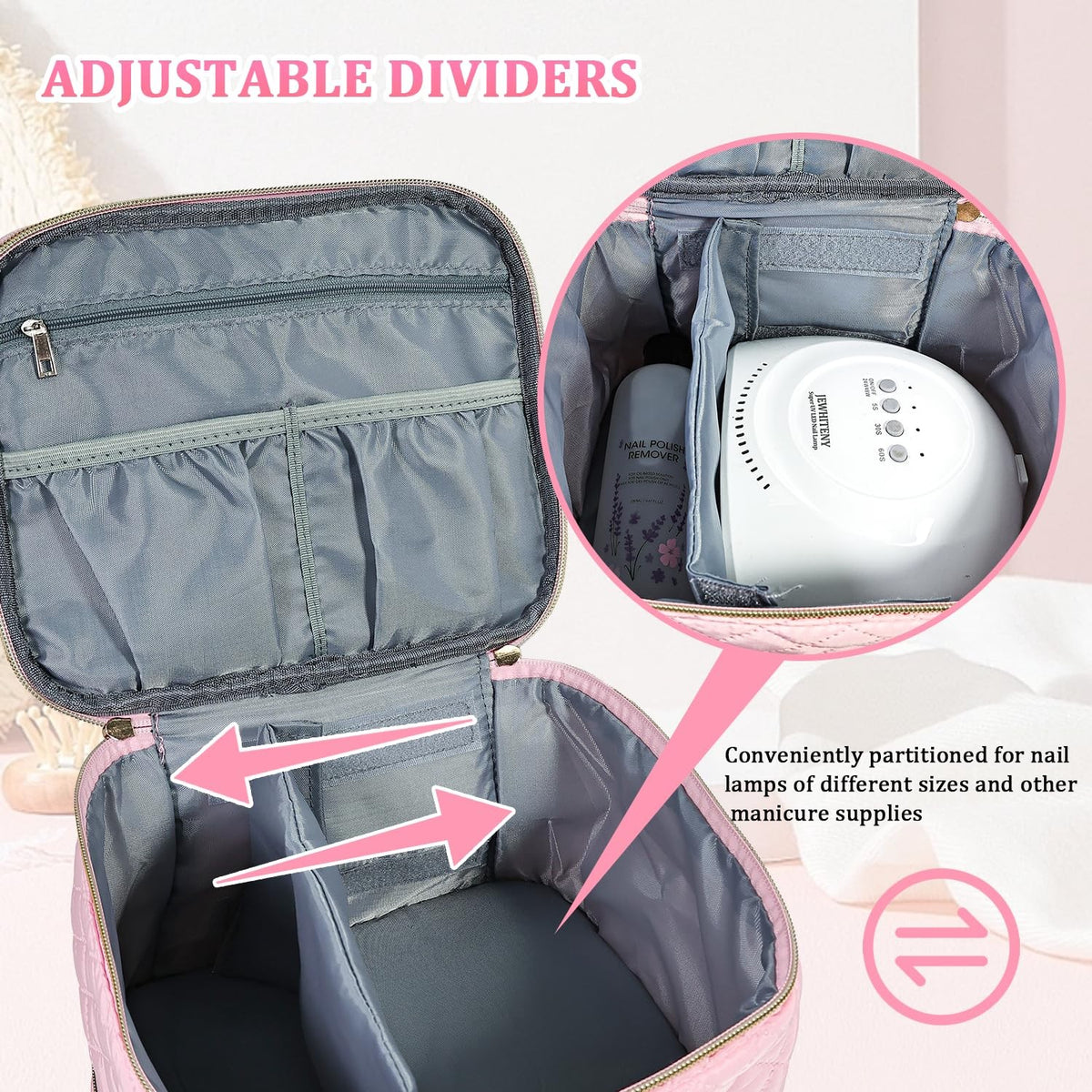 Pink Double Layer Nail Polish Organizer Bag Holds 30 Bottles & Lamp Kit