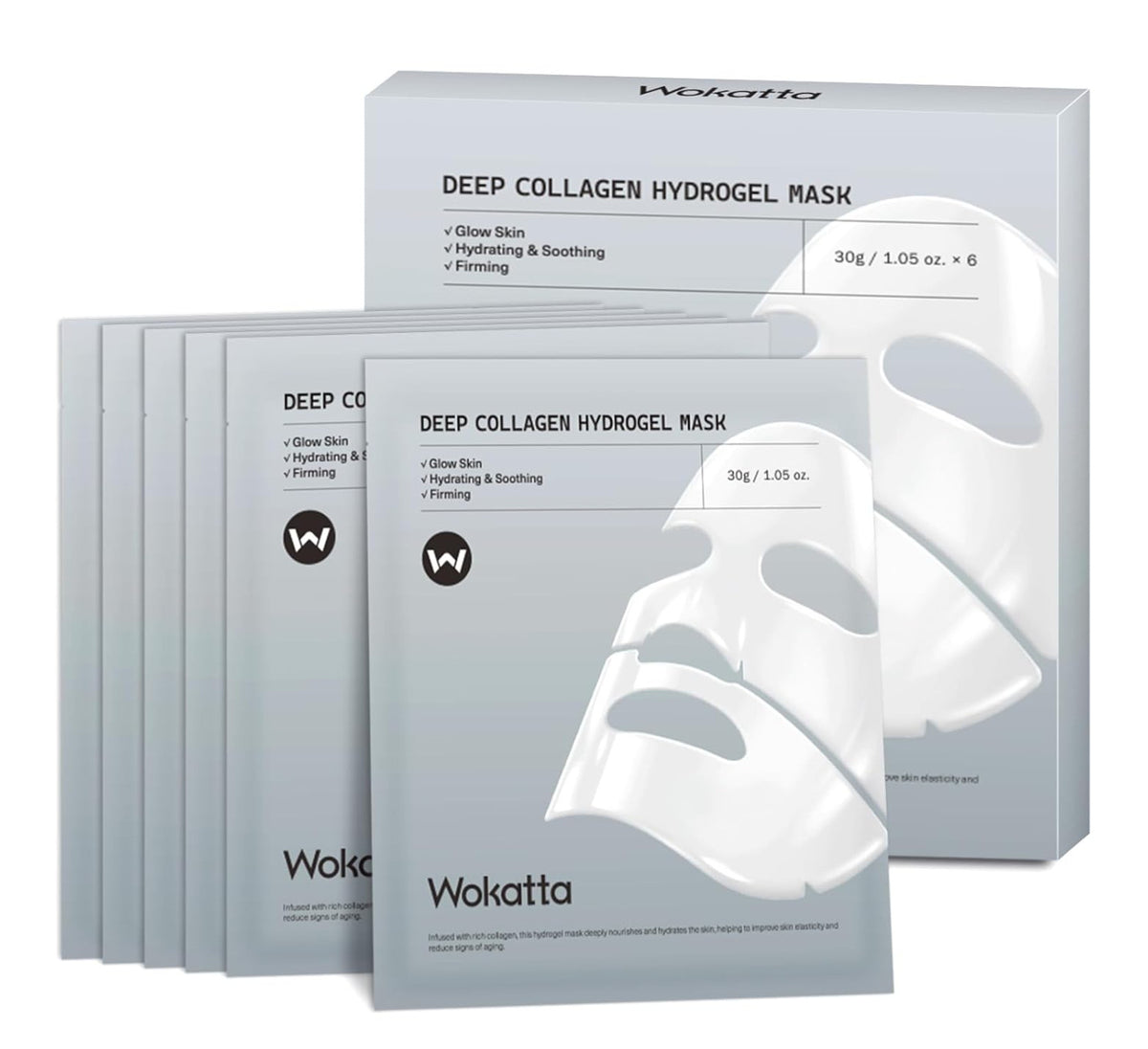 Collagen Hydrogel Face Mask, Overnight Hydrating Sheet Mask 30g×6ea