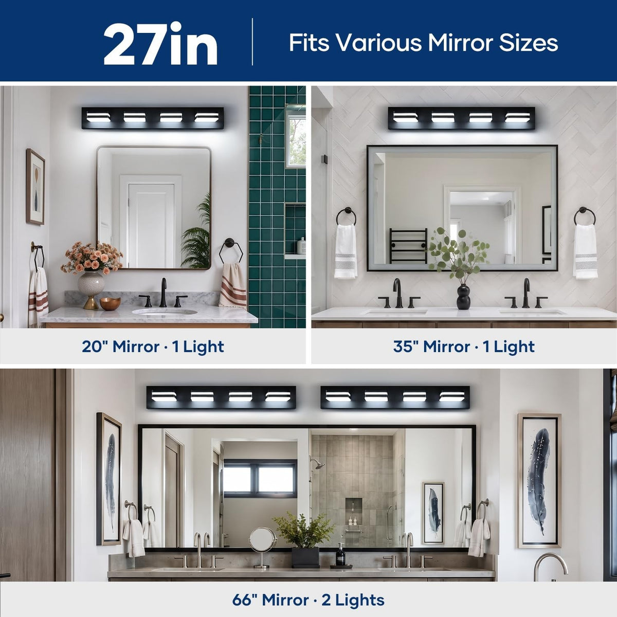 360° LED Bathroom Vanity Light Fixtures, Modern Acrylic Wall Mount 4-Light 27 Inch