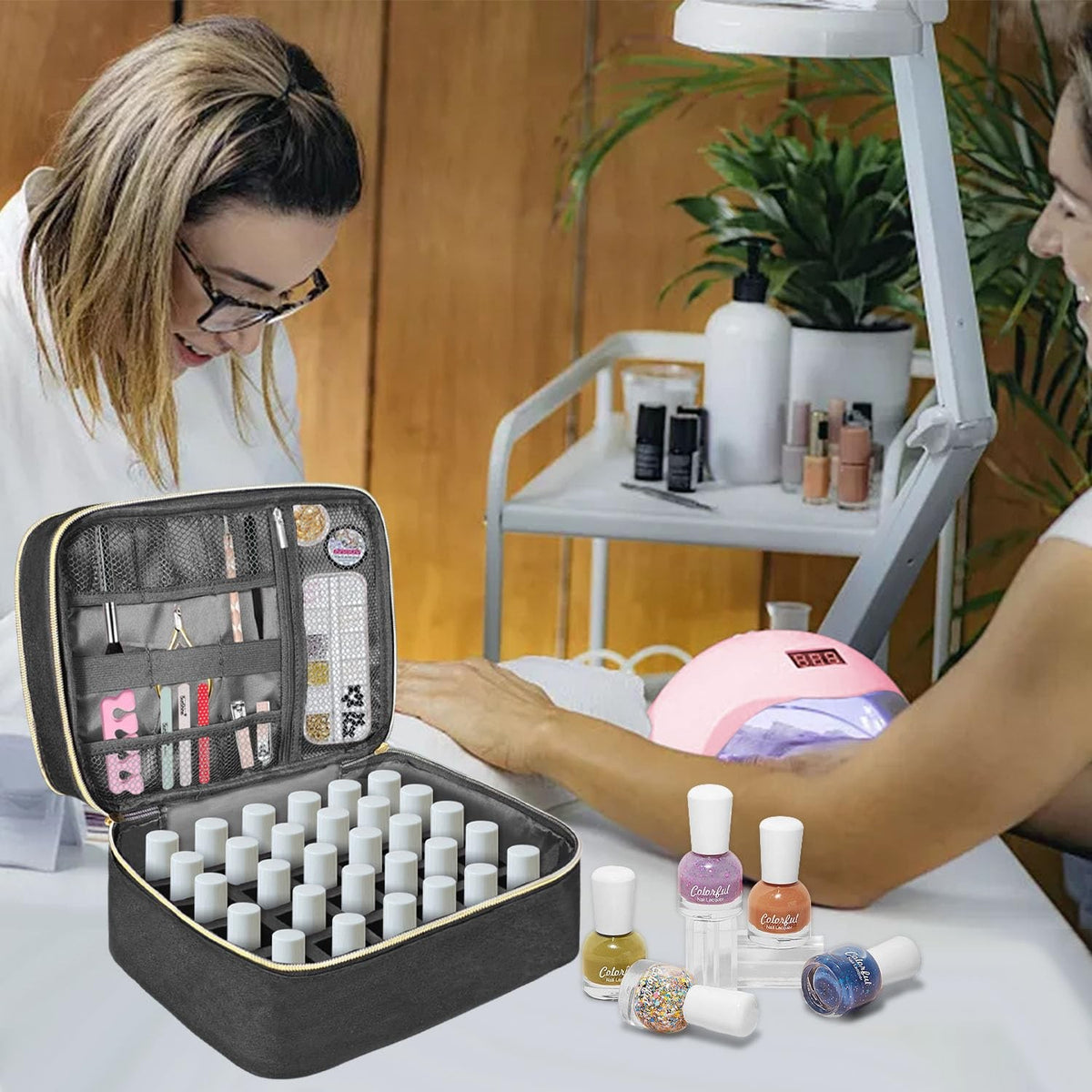 Nail Polish Carrying Case with Double Layer, Fits 30 Bottles & Nail Lamp