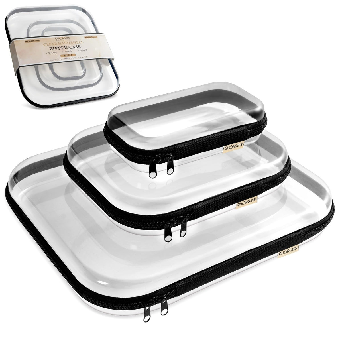 Clear Hard Shell Zipper Storage Cases Set of 3 - Travel & Organization
