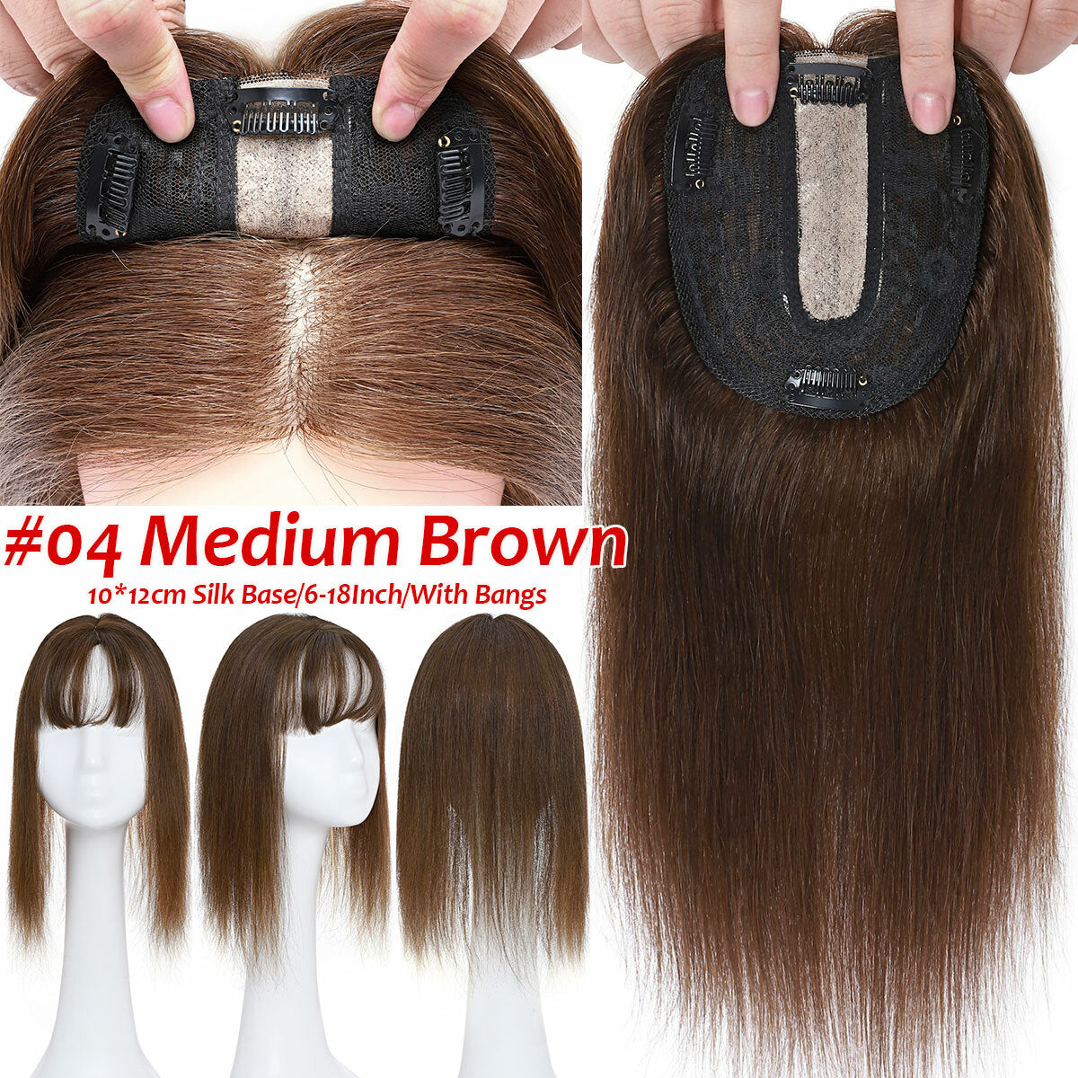 Remy Human Hair Topper with Bangs - Clip-In Hairpiece for Thinning Hair