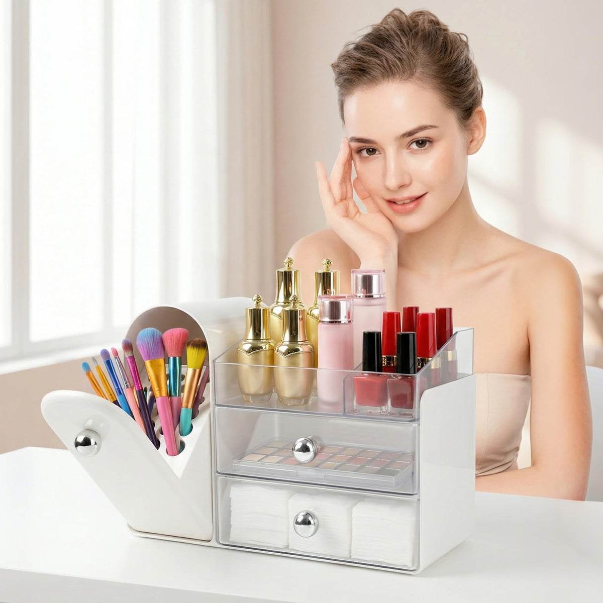 Large Makeup Organizer with Brush Holder, Vanity Storage Box