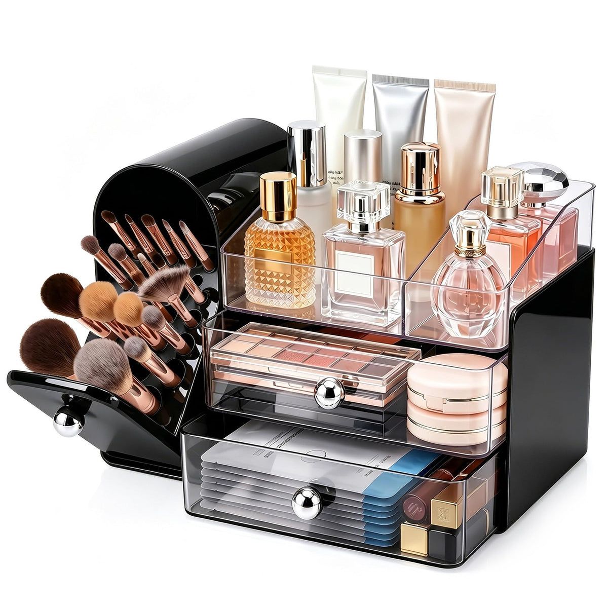 Large Black Makeup Organizer with 2 Drawers & Dustproof Brush Holder