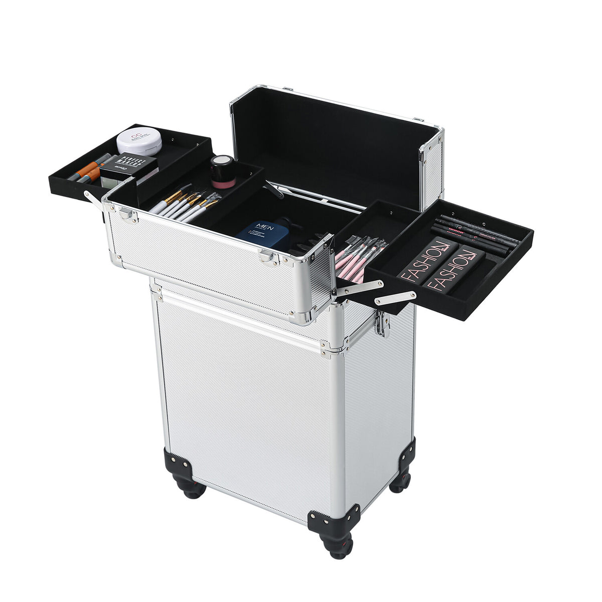 4-in-1 Aluminum Rolling Makeup Case with Draw-Bar Interchangeable Compartments