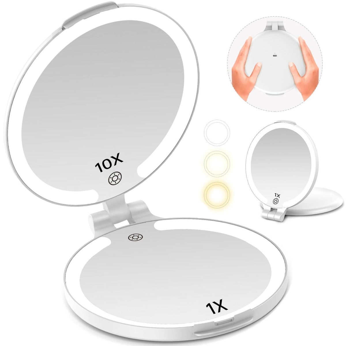 Travel Makeup Mirror with Lights and 10X Magnification - Rechargeable Portable Double-Sided Vanity Mirror, 3 Color Options