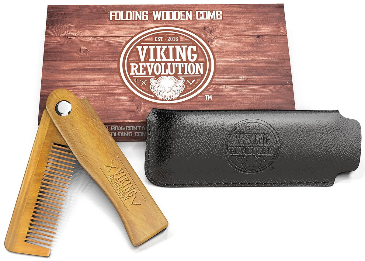 Folding Beard Comb with Wooden Teeth - Small Green Portable Grooming Tool