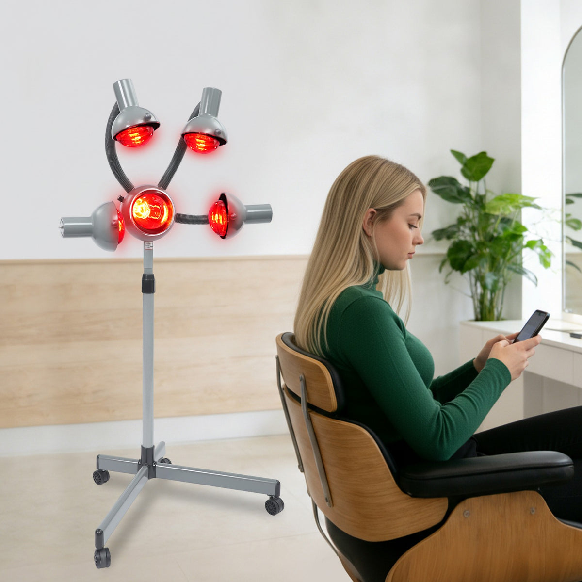 Portable Floor Hair Dryer Stand with Adjustable Height and Wheels – 950W Salon Hair Heater