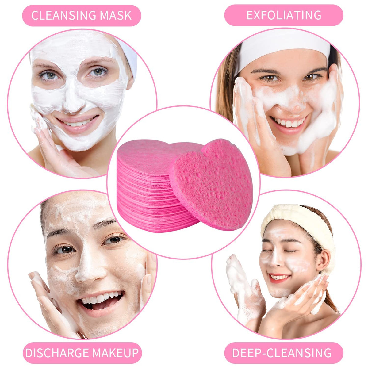 Natural Cellulose Facial Sponges - Heart Shape 50 Count for Cleansing & Exfoliating
