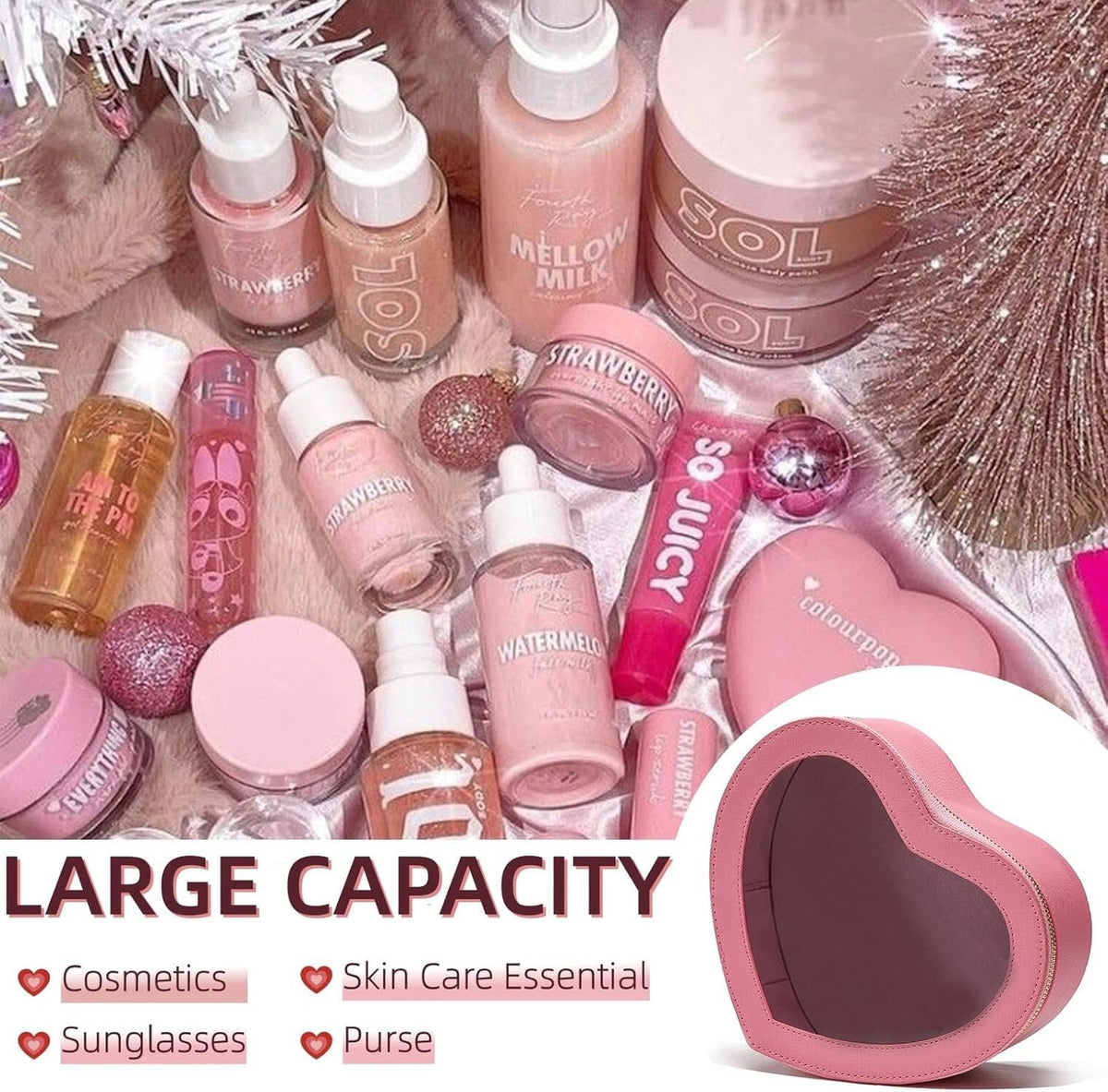 Pink Heart Makeup Bag - Heart-Shaped Cosmetic Organizer for Travel & Gift