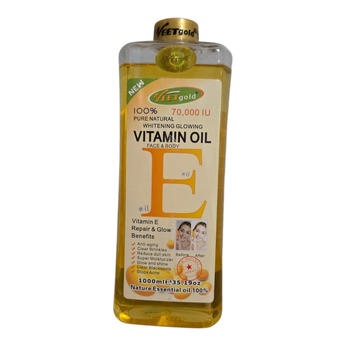 Pure Natural Vitamin E Face & Body Repair Glow Oil 1000ml - Veet Gold