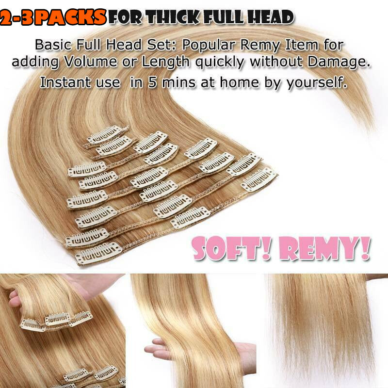 Russian Clip-In Hair Extensions 100% Remy Human Hair Full Head Long-Medium