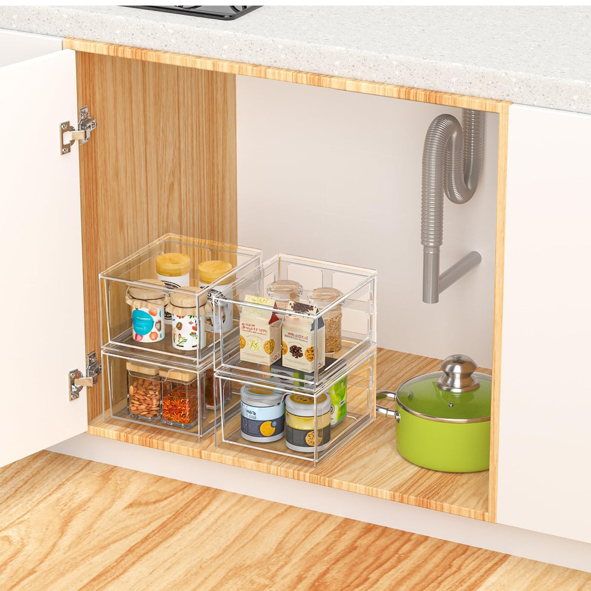 Stackable Clear Plastic Makeup Organizer Drawers with Handles