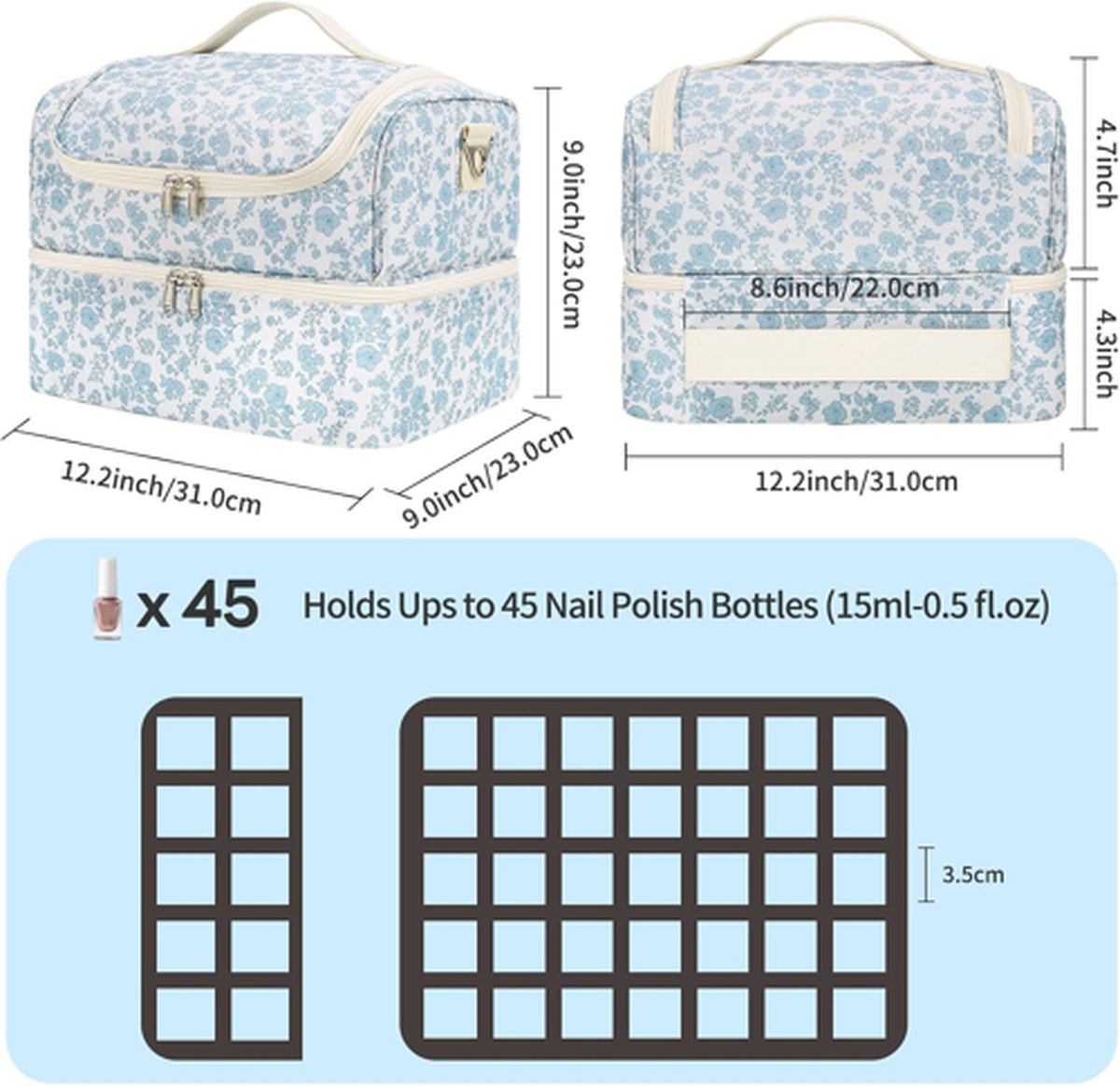 Travel Nail Polish Organizer Case with 45 Bottle Capacity & Nail Lamp