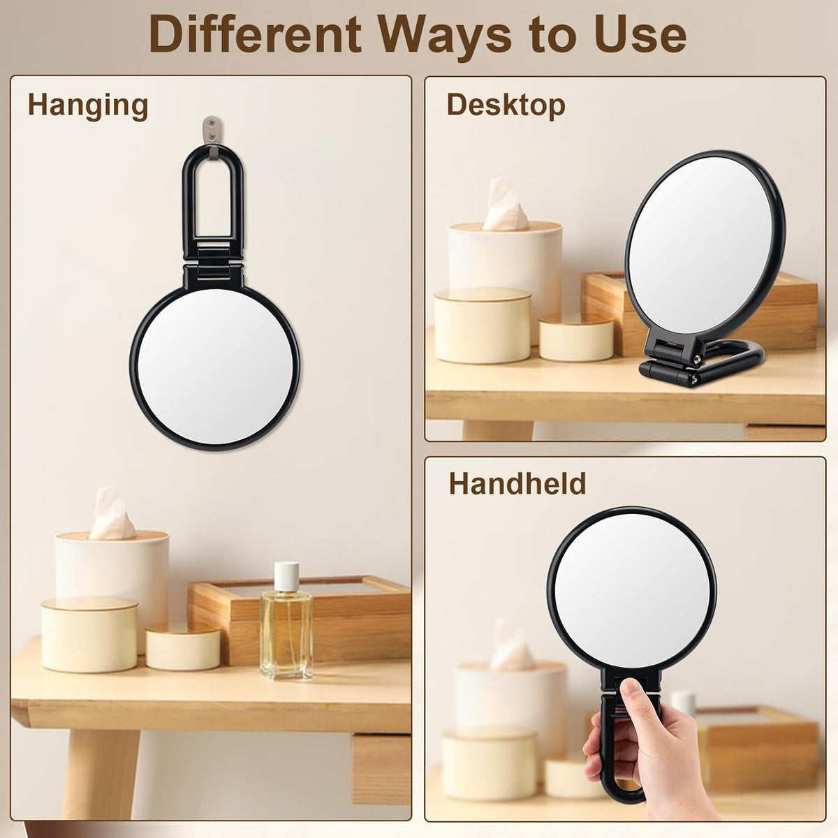 Double-Sided Folding Travel Makeup Mirror with 10X Magnification, Handheld & Desk