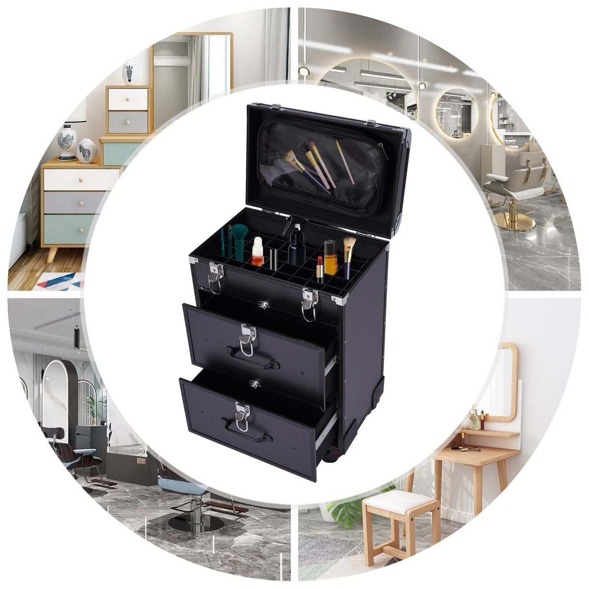 Rolling Makeup Train Case with Multiple Layers and Large Capacity - Salon Beauty Organizer