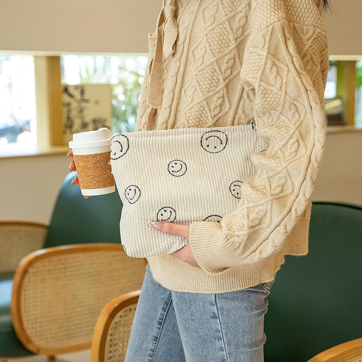 Corduroy Makeup Bag for Women - Aesthetic Ladies Tote with Smiling Faces