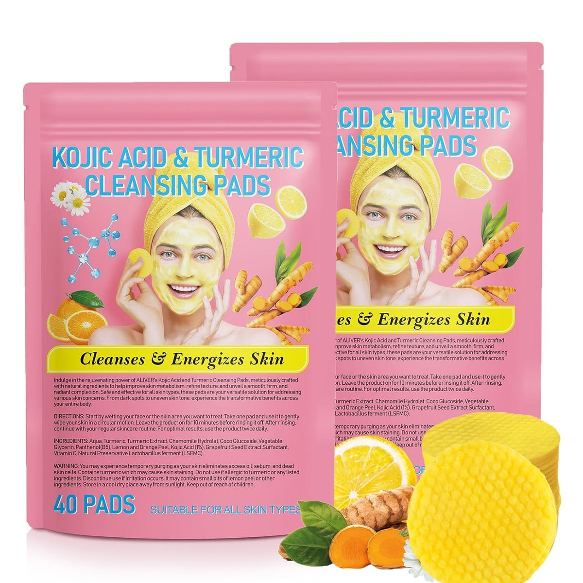 Kojic Acid Turmeric Facial Cleansing Pads - Deep Clean & Brighten Skin, 80 Pack